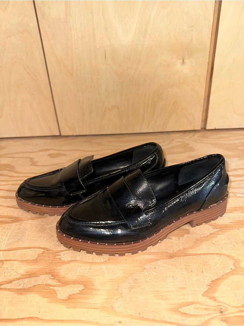 Vince Camuto Black Patent Leather Lug Sole Loafers